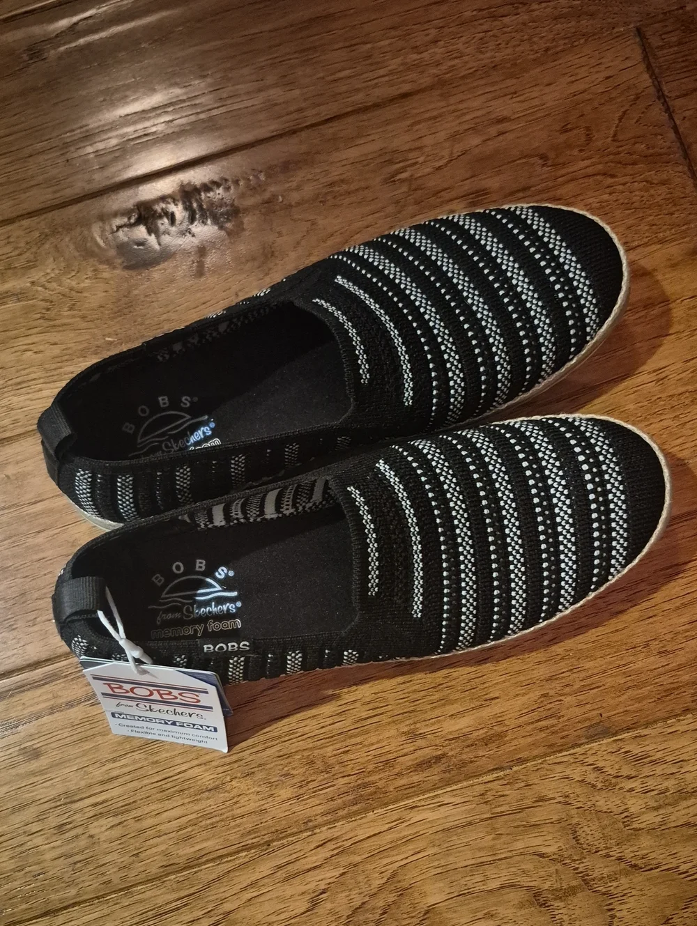 BOBS from Skechers Black and White Striped Slip-On Espadrilles